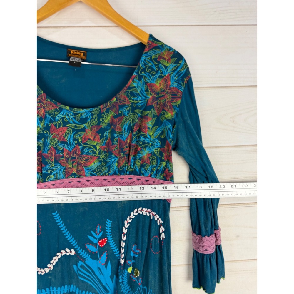 Rising International Dress Large Teal Floral Embroidered Bell Sleeve Tunic Boho - Picture 6 of 7